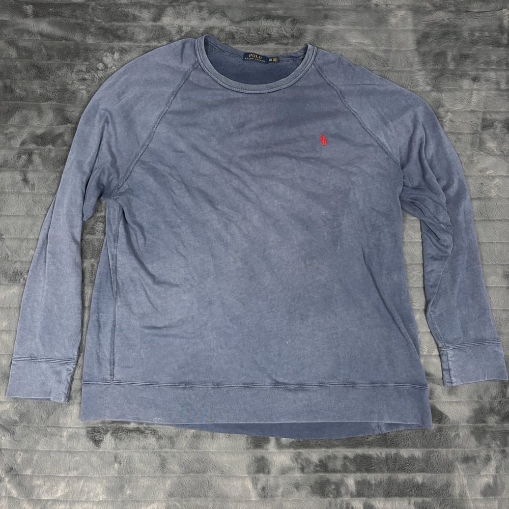 Polo Ralph Lauren Mens XXL Blue Faded French Terry Crewneck Sweatshirt Red Pony